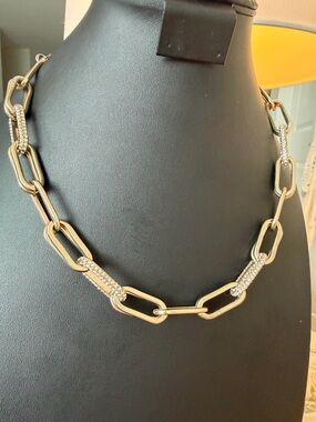 Ann Taylor Gold Chain Link Statement Necklace with Rhinestone Accents